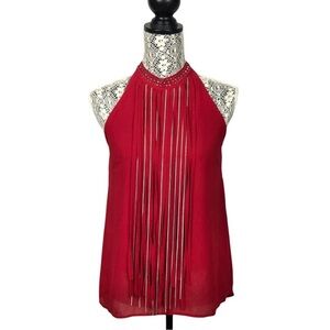 Vintage 90's Solution crepe halter top with fringe and studs in red. Size: Small